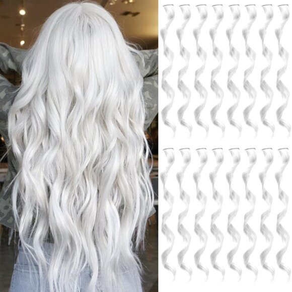 New 16PCS Curly Wavy White Streaks Synthetic Hairpiece Clip-in Hair Extensions